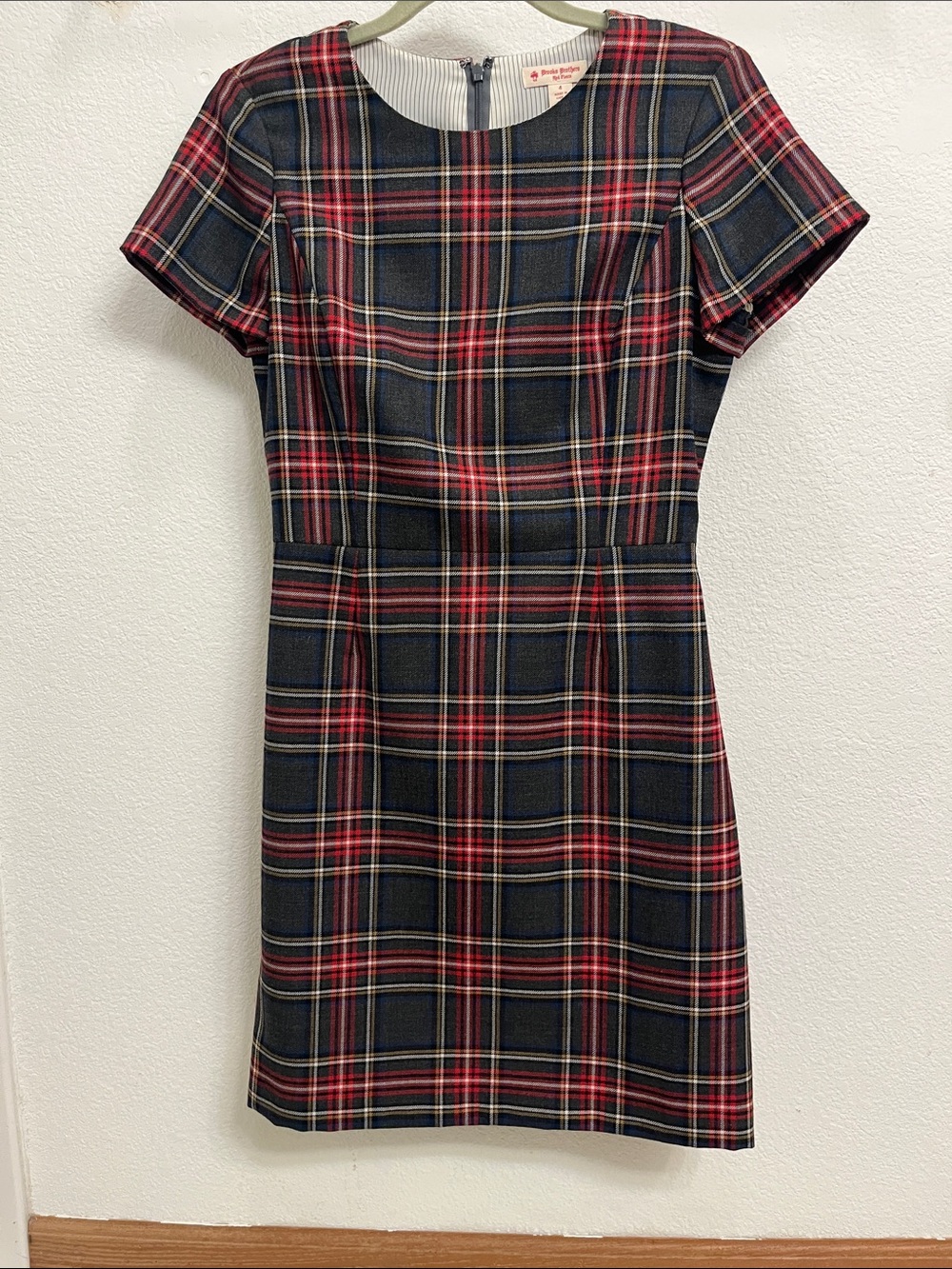 Brooks Brothers Navy, Red and Cream Plaid Short Sleeve Sheath Dress